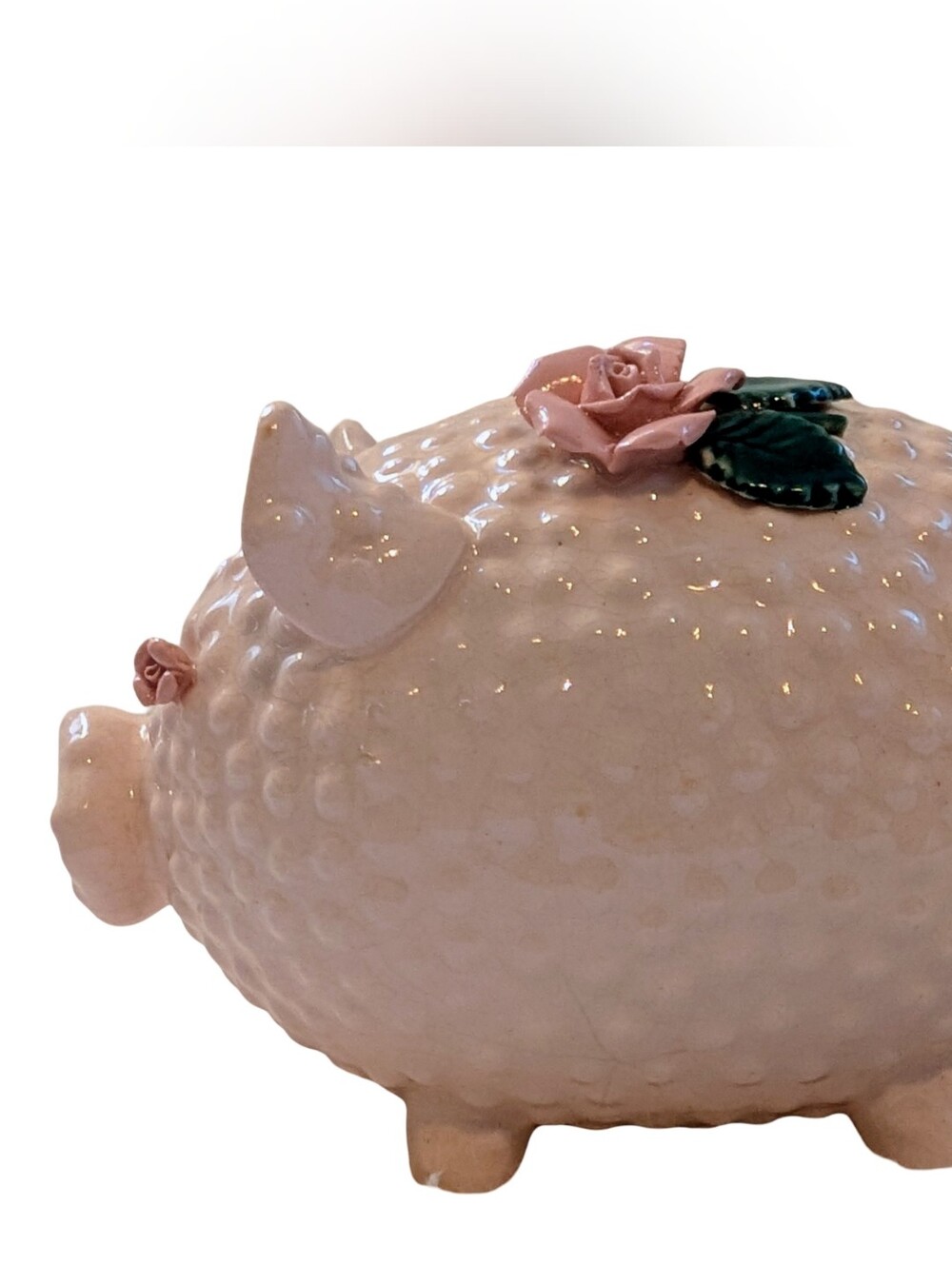 Vintage MCM Lefton China Piggy Bank Pink Hobnail With Roses Kitschy